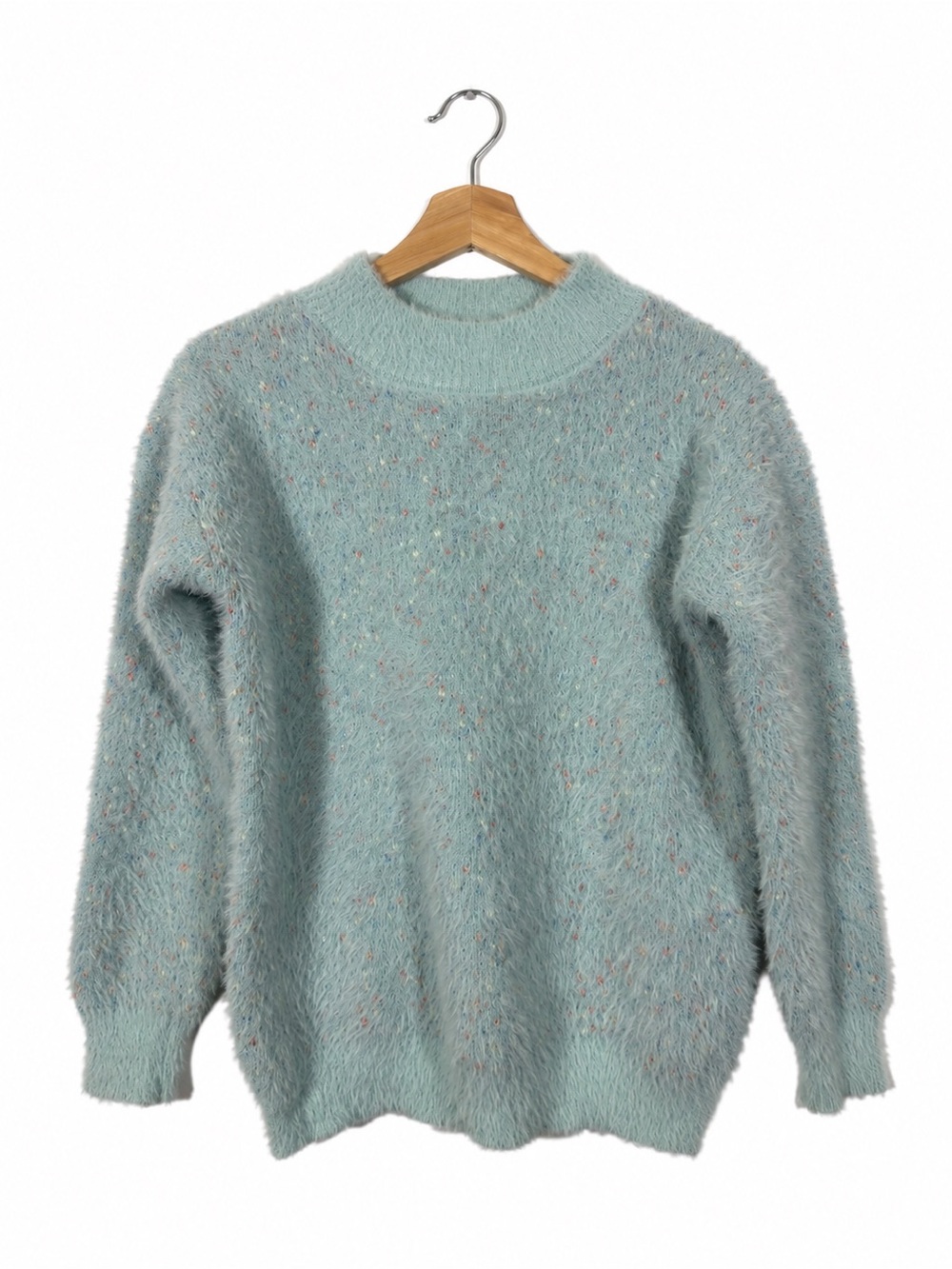 Women's Fuzzy Sweater Teddy Size M Pastel Blue Soft Comzy Comfy Speckled Marled